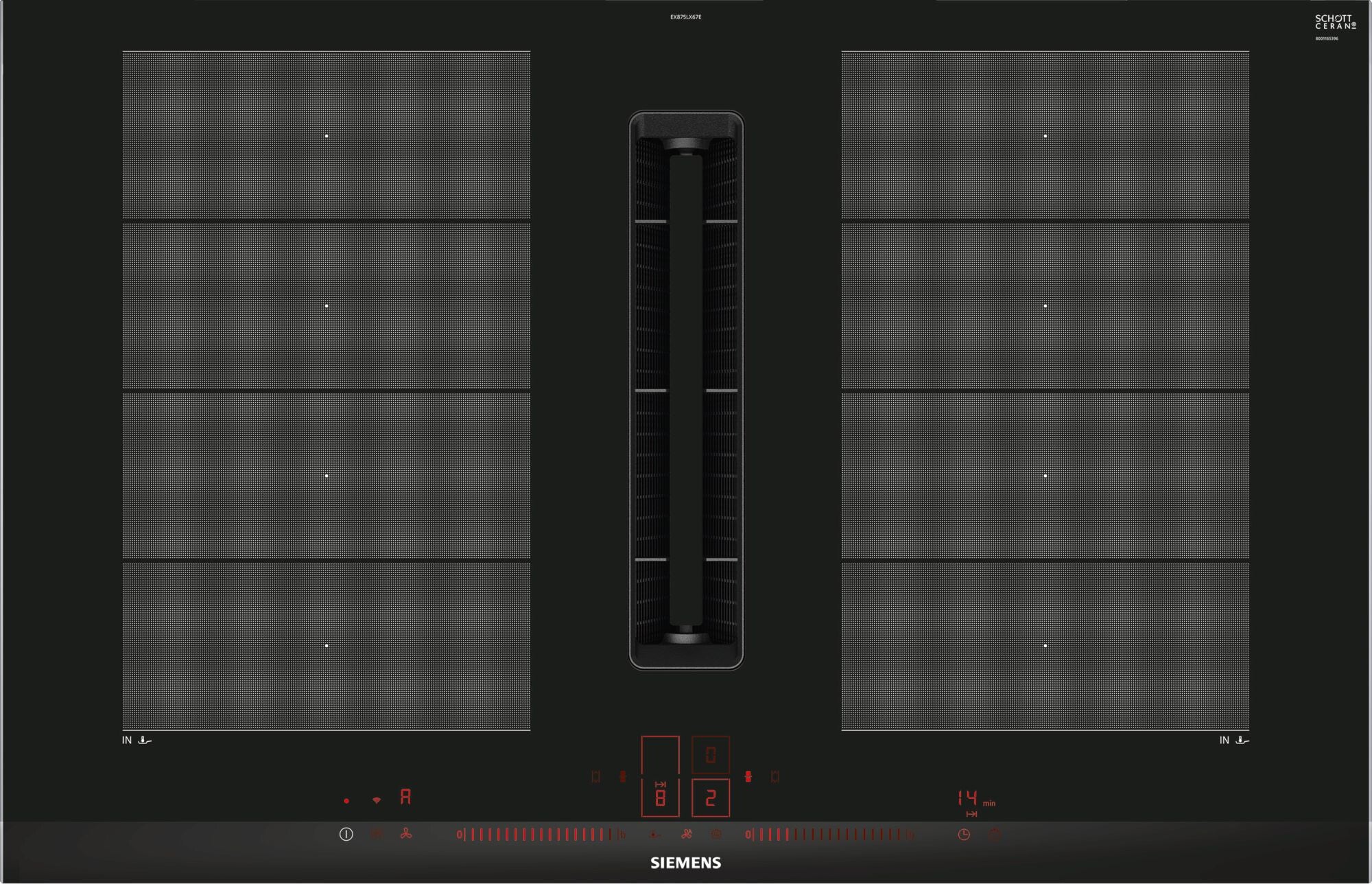 Siemens iQ700 EX875LX67E Kochfeld Schwarz, Edelstahl Integriert 80 cm Zonen-Induktionskochfeld 4 Zone(n) Integrierte Haube