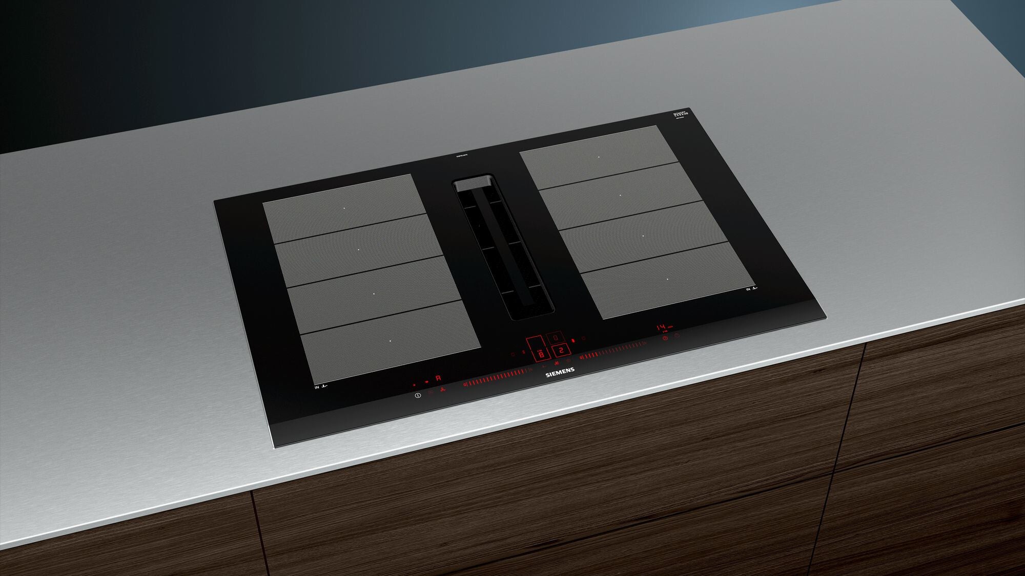 Siemens iQ700 EX875LX67E Kochfeld Schwarz, Edelstahl Integriert 80 cm Zonen-Induktionskochfeld 4 Zone(n) Integrierte Haube